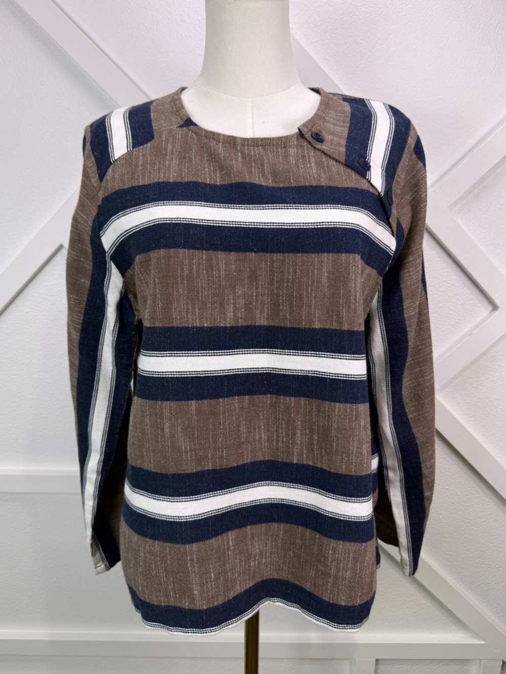 Ace & Jig Striped Cotton Top Blue Brown Button Shoulder Boho Size Large